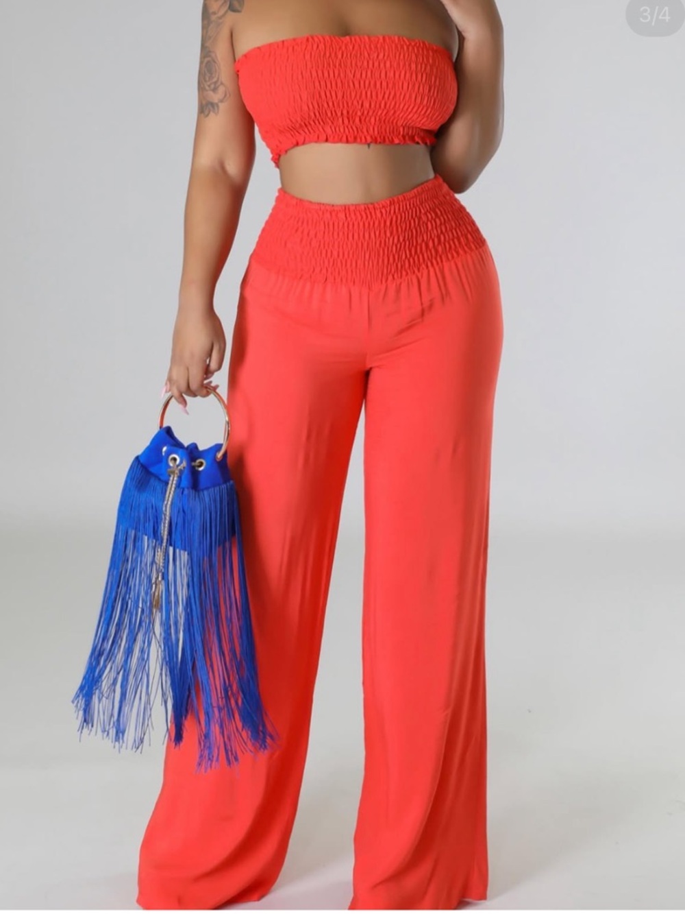 Smocked High-Waist Wide Leg Pant Set — Coral